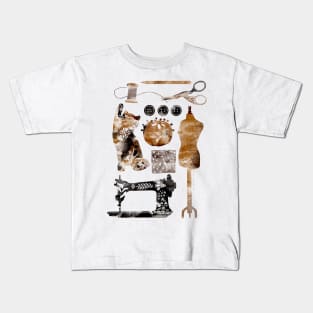 Sewing Supplies with Cat Watercolor Folk Art Kids T-Shirt